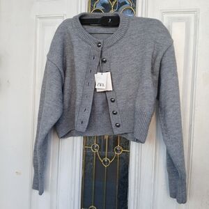 Zara Light Gray Cropped Button Cardigan